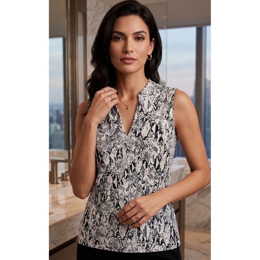 Calvin Klein Womens Snakeskin Print Sleeveless V-Neck Blouse Grey Black Top
